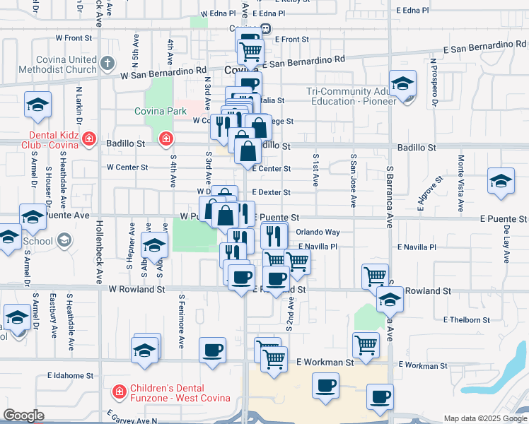 map of restaurants, bars, coffee shops, grocery stores, and more near 139 East Puente Street in Covina