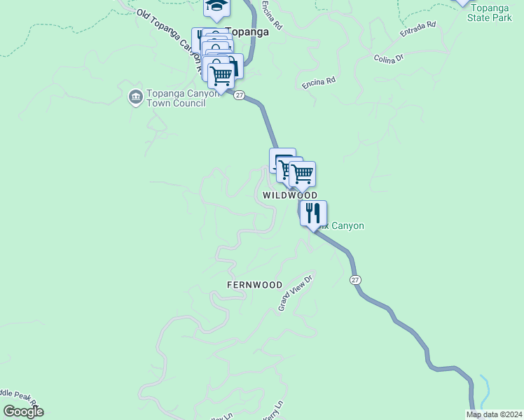 map of restaurants, bars, coffee shops, grocery stores, and more near 20006 Valley View Drive in Topanga