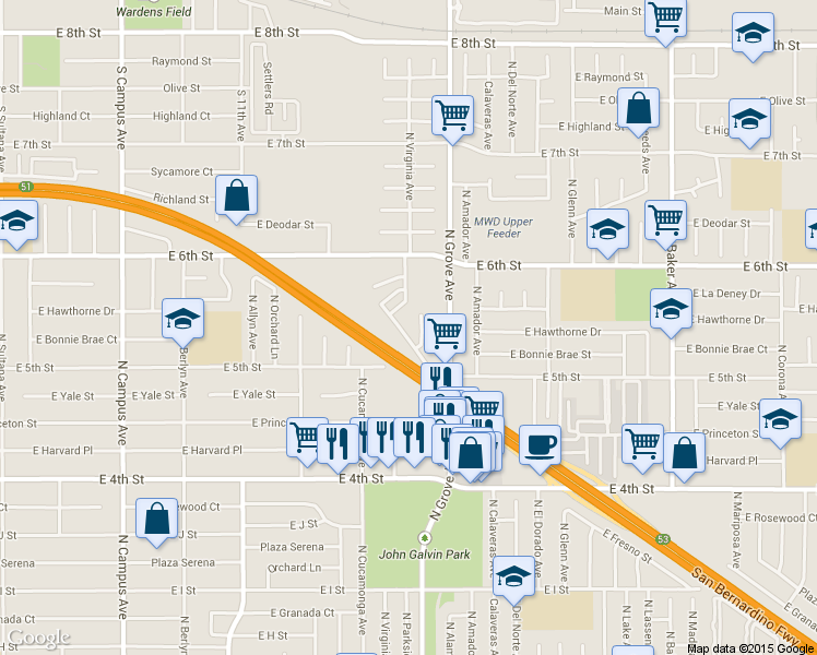 map of restaurants, bars, coffee shops, grocery stores, and more near 1354 North Virginia Avenue in Ontario