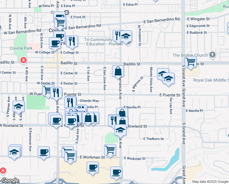 map of restaurants, bars, coffee shops, grocery stores, and more near 449 East Puente Street in Covina