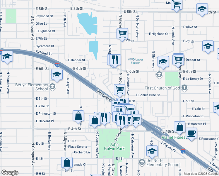 map of restaurants, bars, coffee shops, grocery stores, and more near 1354 North Virginia Avenue in Ontario