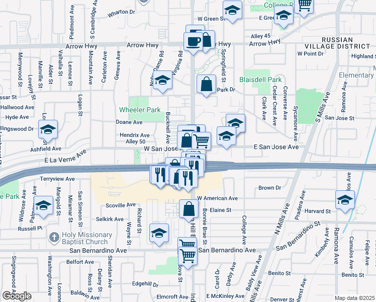 map of restaurants, bars, coffee shops, grocery stores, and more near 701 South Indian Hill Boulevard in Claremont