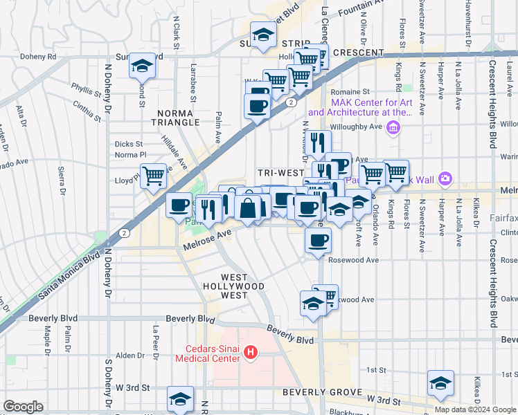 map of restaurants, bars, coffee shops, grocery stores, and more near 628 Huntley Drive in West Hollywood