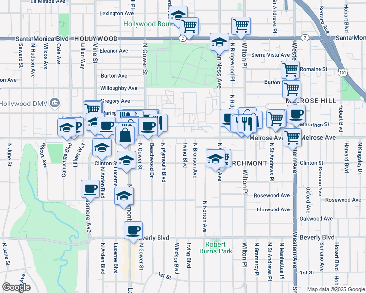 map of restaurants, bars, coffee shops, grocery stores, and more near 641 North Irving Boulevard in Los Angeles