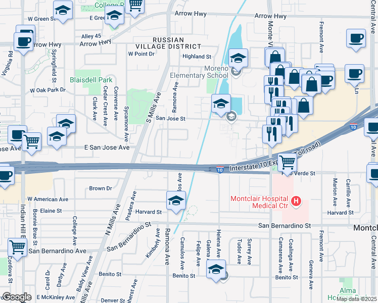map of restaurants, bars, coffee shops, grocery stores, and more near 9430 Felipe Avenue in Montclair