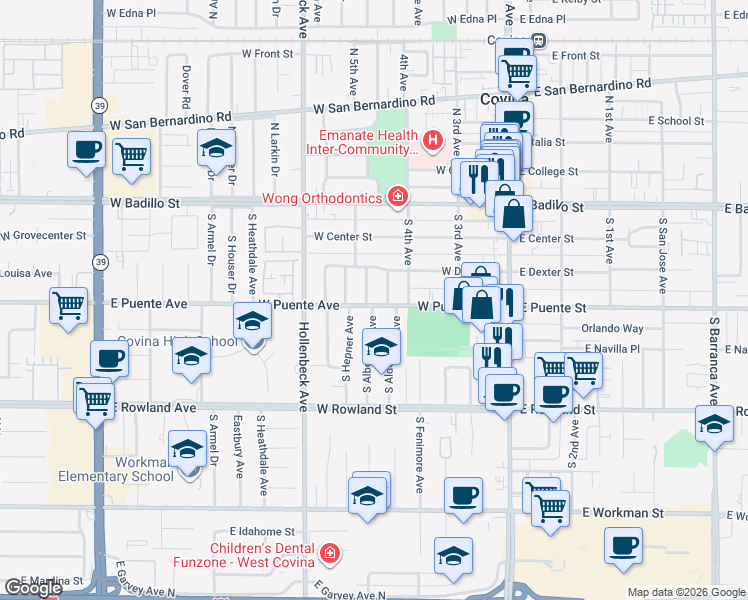 map of restaurants, bars, coffee shops, grocery stores, and more near 354 South Albertson Avenue in Covina