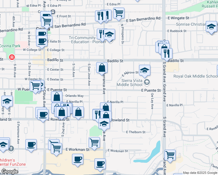 map of restaurants, bars, coffee shops, grocery stores, and more near 520 Alisal Street in Covina