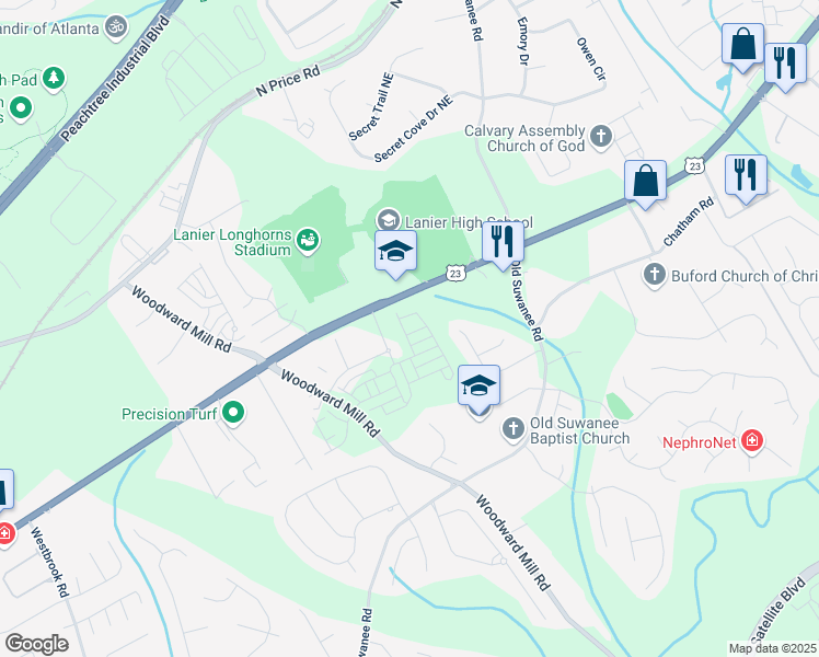 map of restaurants, bars, coffee shops, grocery stores, and more near 816 Dodd Trail in Buford
