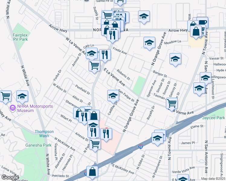 map of restaurants, bars, coffee shops, grocery stores, and more near 196 San Felipe Street in Pomona