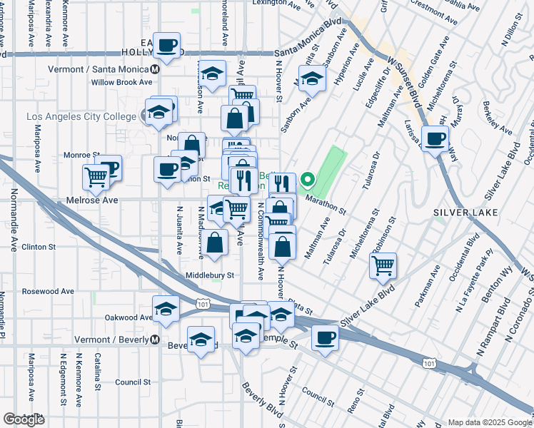 map of restaurants, bars, coffee shops, grocery stores, and more near 632 N Commonwealth Ave in Los Angeles