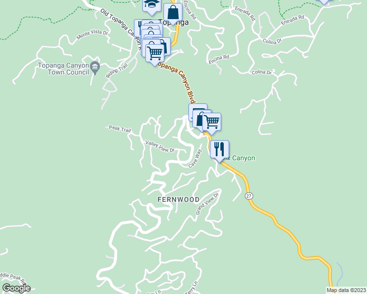 map of restaurants, bars, coffee shops, grocery stores, and more near 20006 Valley View Drive in Topanga