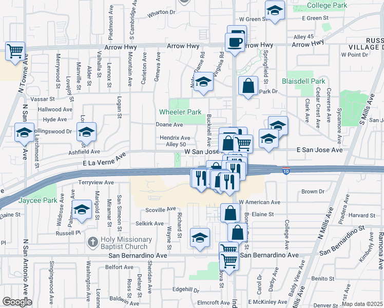 map of restaurants, bars, coffee shops, grocery stores, and more near 554 West San Jose Avenue in Claremont