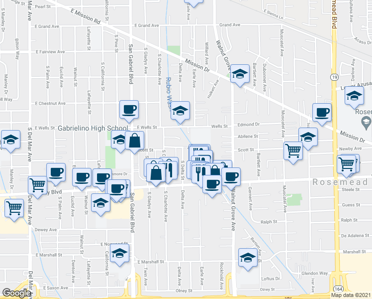 map of restaurants, bars, coffee shops, grocery stores, and more near 1400 South Delta Street in San Gabriel