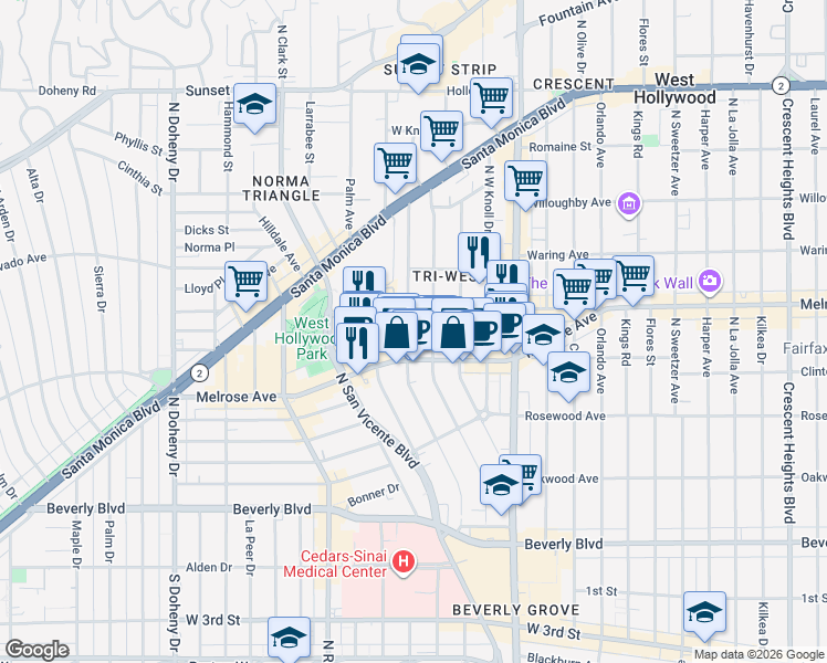 map of restaurants, bars, coffee shops, grocery stores, and more near 628 Huntley Drive in West Hollywood