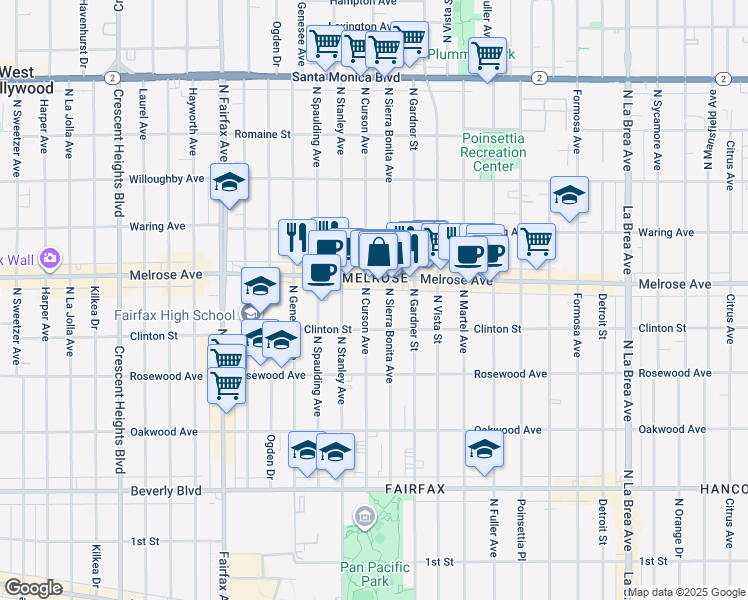 map of restaurants, bars, coffee shops, grocery stores, and more near 636 North Curson Avenue in Los Angeles