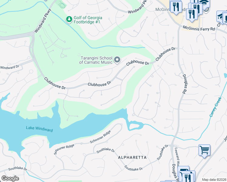 map of restaurants, bars, coffee shops, grocery stores, and more near 1485 Portmarnock Drive in Alpharetta