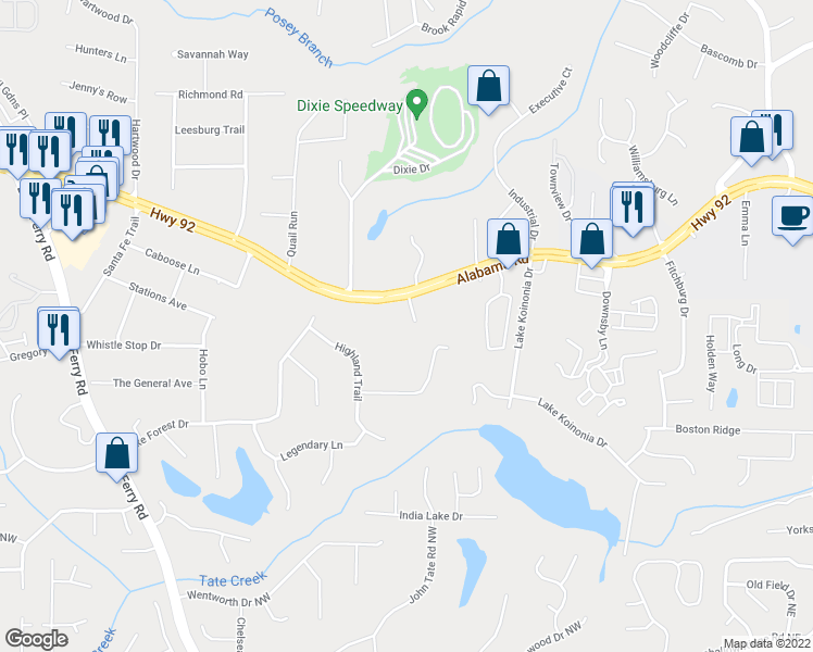 map of restaurants, bars, coffee shops, grocery stores, and more near 200 Millwood Lane in Woodstock