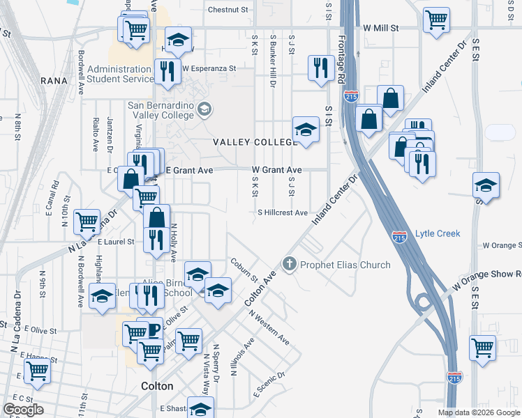 map of restaurants, bars, coffee shops, grocery stores, and more near 891 South K Street in San Bernardino