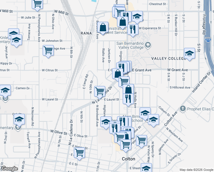 map of restaurants, bars, coffee shops, grocery stores, and more near 1377 North La Cadena Drive in Colton