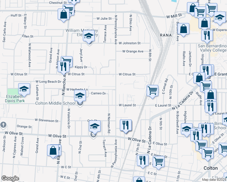 map of restaurants, bars, coffee shops, grocery stores, and more near 1419 North Pennsylvania Avenue in Colton