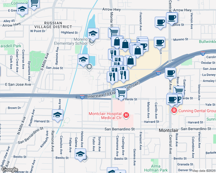 map of restaurants, bars, coffee shops, grocery stores, and more near 9385 Mesa Verde Drive in Montclair