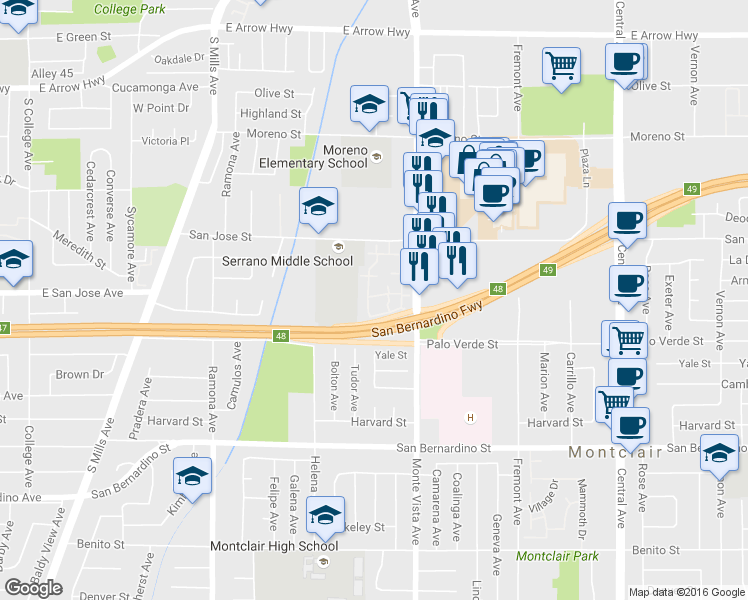 map of restaurants, bars, coffee shops, grocery stores, and more near 9412 Shadowood Drive in Montclair