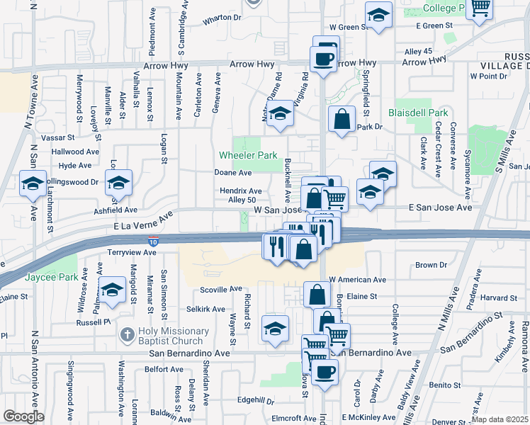 map of restaurants, bars, coffee shops, grocery stores, and more near 554 West San Jose Avenue in Claremont