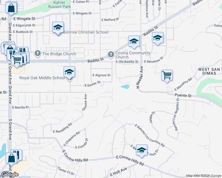 map of restaurants, bars, coffee shops, grocery stores, and more near 1557 East Puente Street in Covina