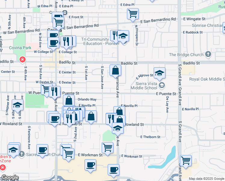 map of restaurants, bars, coffee shops, grocery stores, and more near 457 East Puente Street in Covina