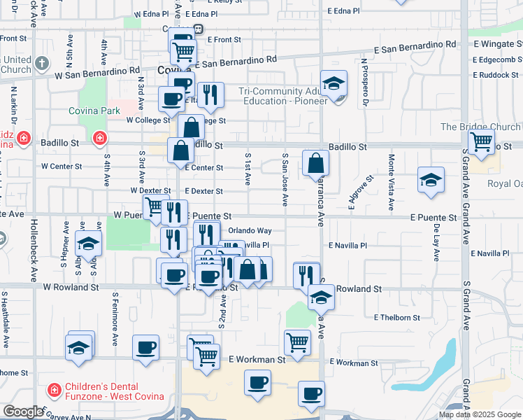 map of restaurants, bars, coffee shops, grocery stores, and more near 331 East Puente Street in Covina