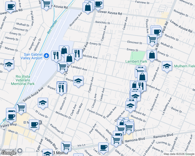 map of restaurants, bars, coffee shops, grocery stores, and more near 11251 Frankmont Court in El Monte