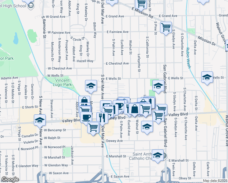 map of restaurants, bars, coffee shops, grocery stores, and more near 1401 South Palm Avenue in San Gabriel