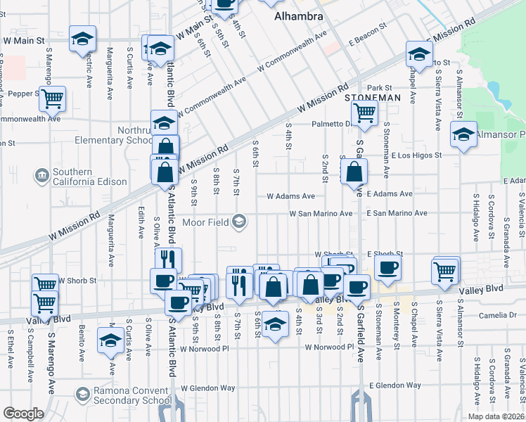 map of restaurants, bars, coffee shops, grocery stores, and more near 833 South 6th Street in Alhambra