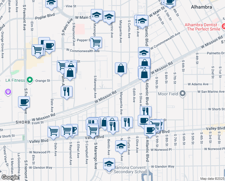 map of restaurants, bars, coffee shops, grocery stores, and more near 705 Electric Avenue in Alhambra