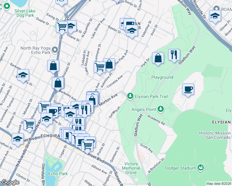 map of restaurants, bars, coffee shops, grocery stores, and more near 1751 Morton Avenue in Los Angeles
