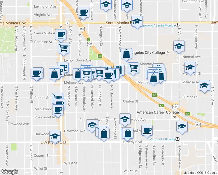map of restaurants, bars, coffee shops, grocery stores, and more near 645 North Ardmore Avenue in Los Angeles