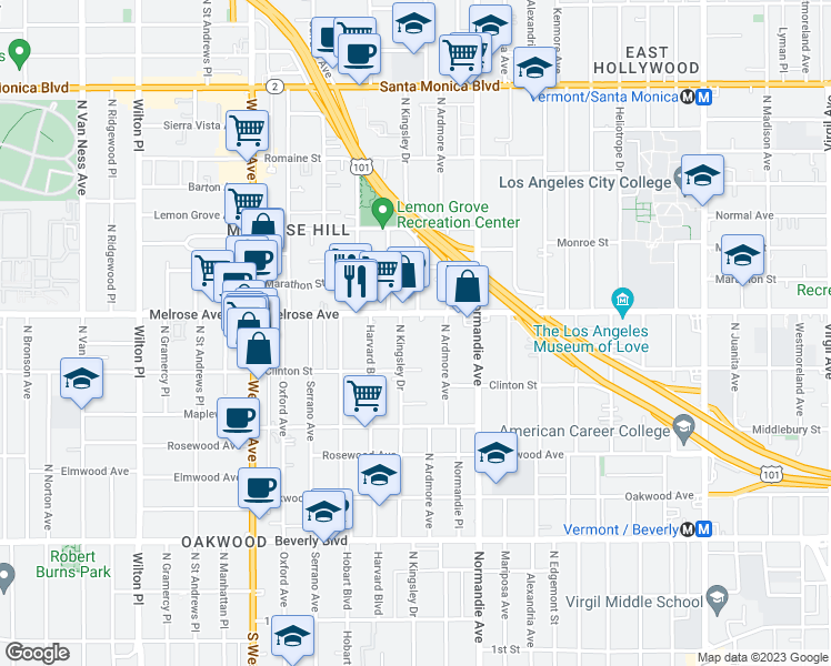 map of restaurants, bars, coffee shops, grocery stores, and more near 643 North Kingsley Drive in Los Angeles