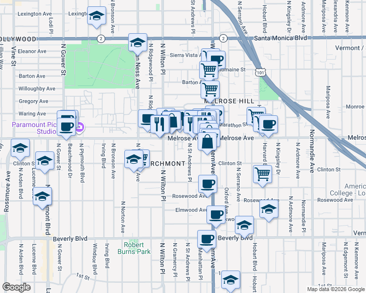 map of restaurants, bars, coffee shops, grocery stores, and more near 5125 Melrose Avenue in Los Angeles