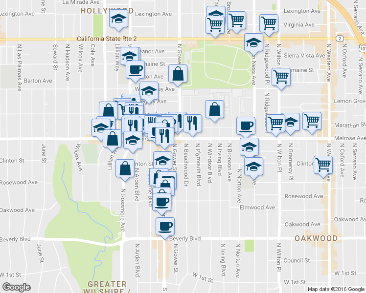 map of restaurants, bars, coffee shops, grocery stores, and more near 640 North Beachwood Drive in Los Angeles