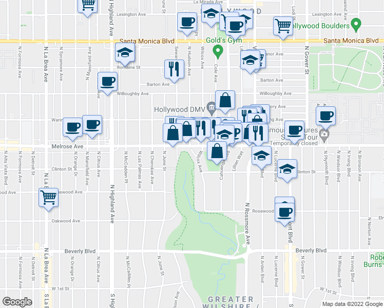 map of restaurants, bars, coffee shops, grocery stores, and more near 645 Wilcox Avenue in Los Angeles