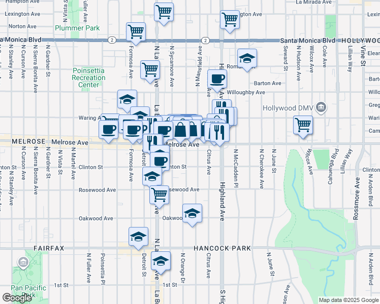 map of restaurants, bars, coffee shops, grocery stores, and more near in Los Angeles