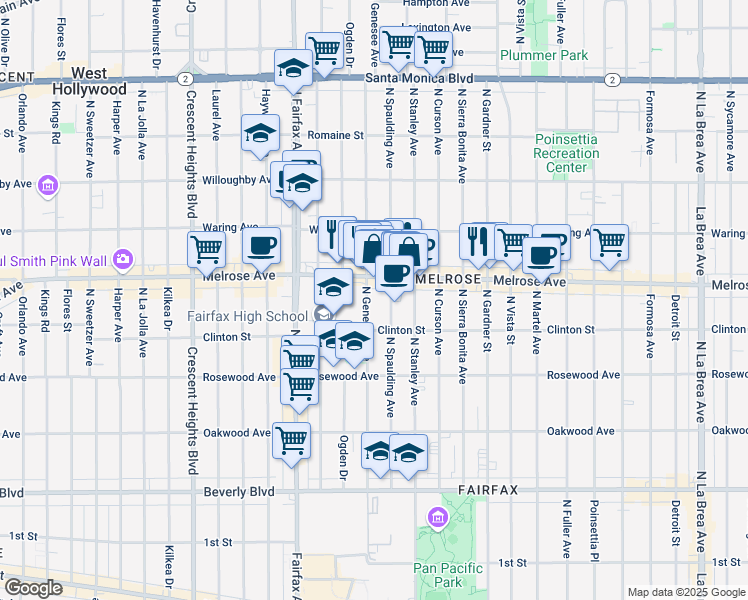 map of restaurants, bars, coffee shops, grocery stores, and more near 628 North Spaulding Avenue in Los Angeles