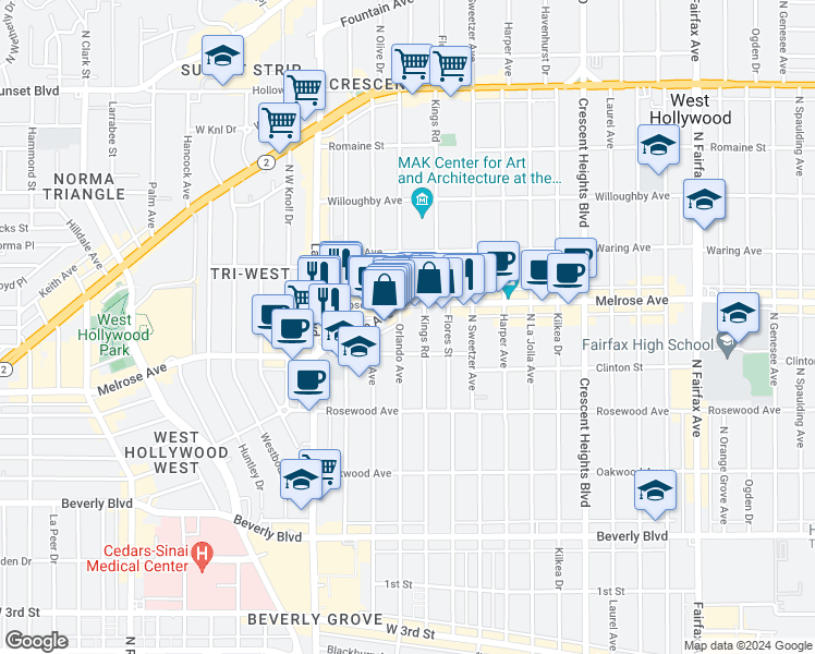 map of restaurants, bars, coffee shops, grocery stores, and more near 631 Kings Road in West Hollywood