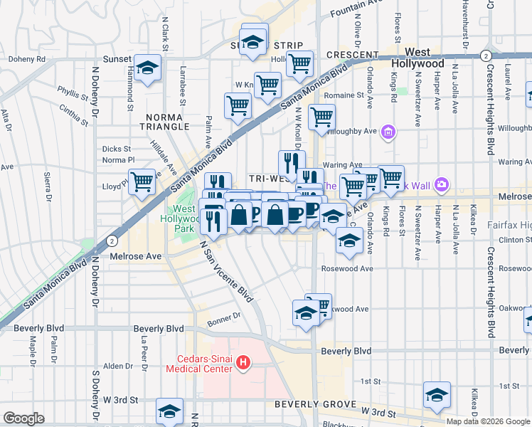 map of restaurants, bars, coffee shops, grocery stores, and more near 635 Westbourne Drive in West Hollywood