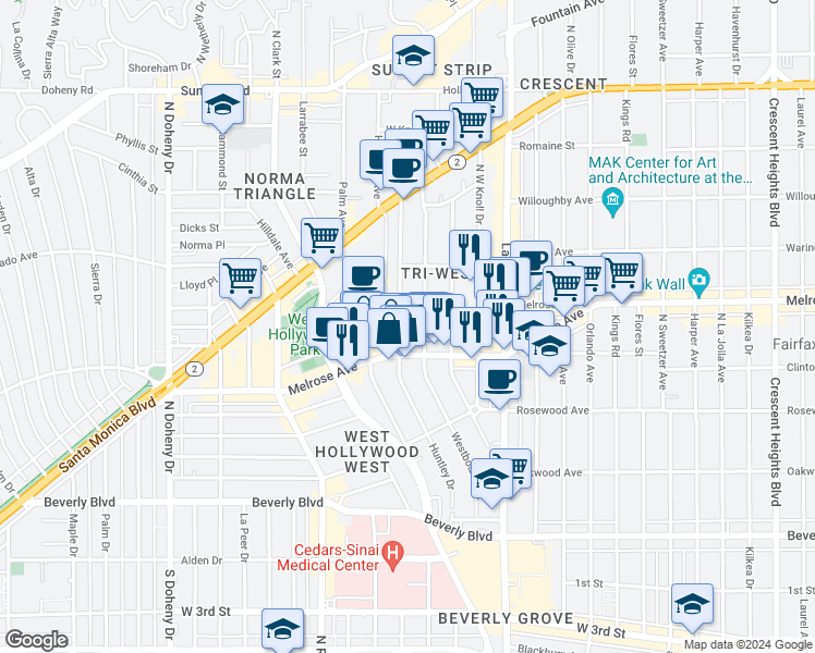 map of restaurants, bars, coffee shops, grocery stores, and more near 635 Westbourne Drive in West Hollywood