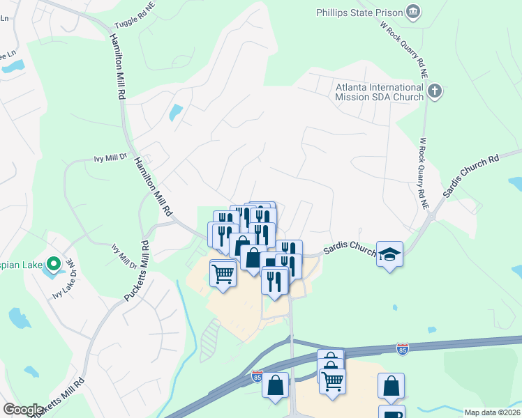 map of restaurants, bars, coffee shops, grocery stores, and more near 3370 Sardis Bend Drive in Buford