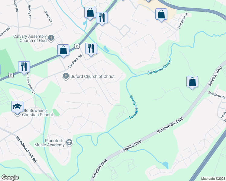 map of restaurants, bars, coffee shops, grocery stores, and more near 1817 Castleberry Lane in Buford