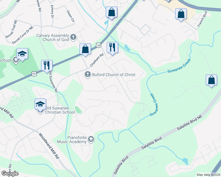 map of restaurants, bars, coffee shops, grocery stores, and more near 4210 Chatham View Drive in Buford