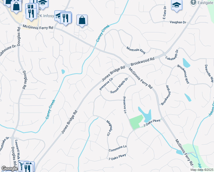 map of restaurants, bars, coffee shops, grocery stores, and more near 5620 Preserve Circle in Alpharetta