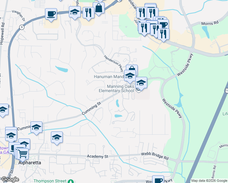 map of restaurants, bars, coffee shops, grocery stores, and more near 1622 Homestead Trail in Alpharetta